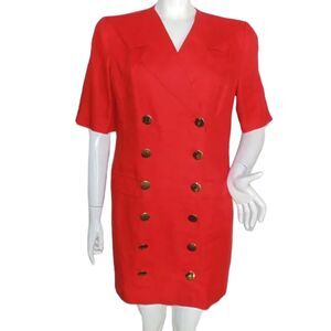 LOUIS FERAUD Dress, 8, Red, Mini/Short, Double Breasted, Golden buttons, VTG